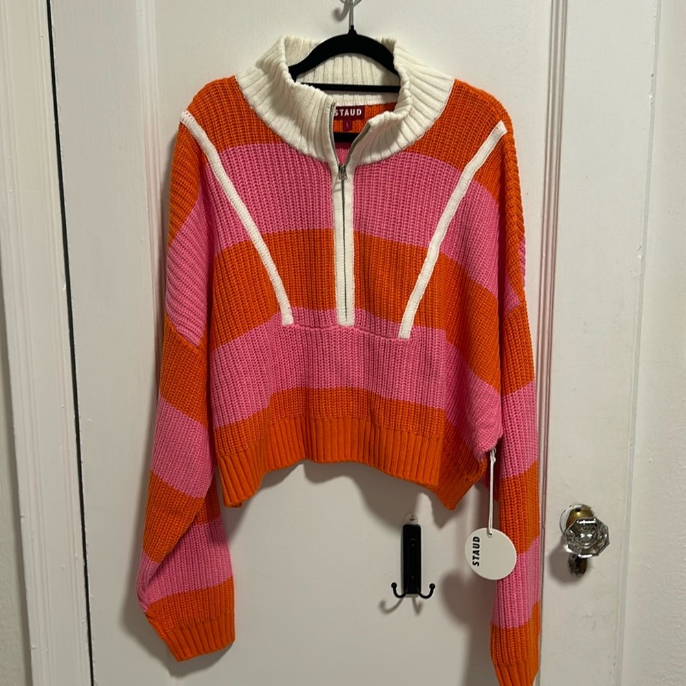 Staud Hampton cropped rugby striped sweater quarter zip